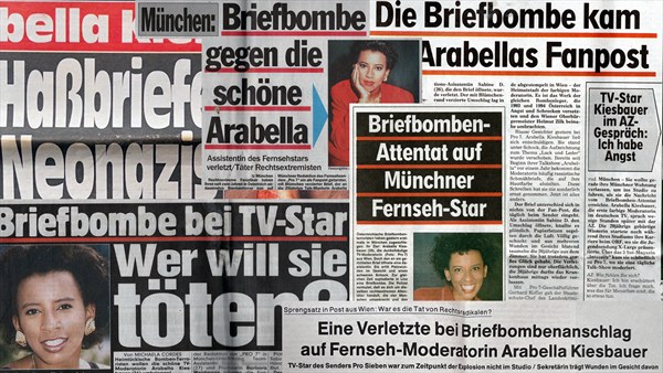 Collage aus historischen Zeitungsartikeln über den Briefbombenanschlag