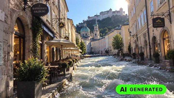 KI-generierte Altstadtszene mit einem erfundenen Fluss zwischen den Häusern und der Kennzeichnung AI GENERATED