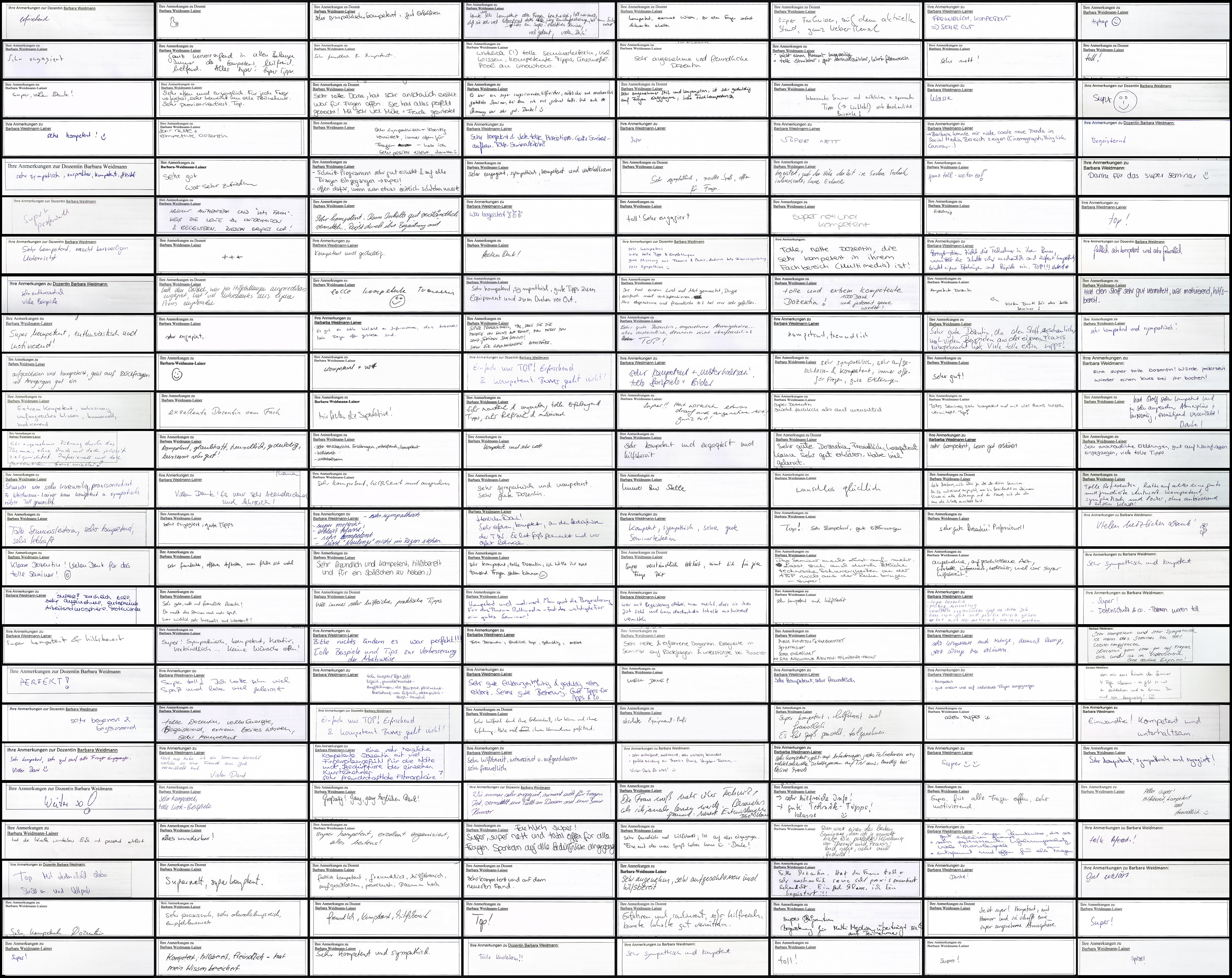 Wand aus 200 gescannten, handschriftlichen Feedback-Ausschnitten von Seminarteilnehmenden – durchweg positive Anmerkungen zur Dozentin, etwa: „Einfach nur TOP!